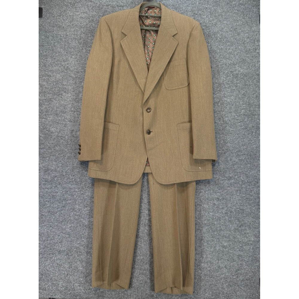 Hart Schaffner Marx Suit Men 44R Tan 36X32 Desert Classic Vintage 70s Wool Blend